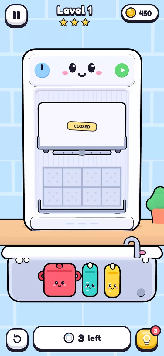 Level 1 in the Home Kitchen: an empty dishwasher above a sink with three dishes